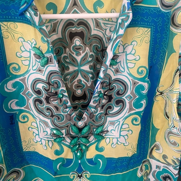 Hale Bob Cabana Silk Blend Coverup Tunic Size XS Beaded Embellished Blue EUC - Picture 7 of 8